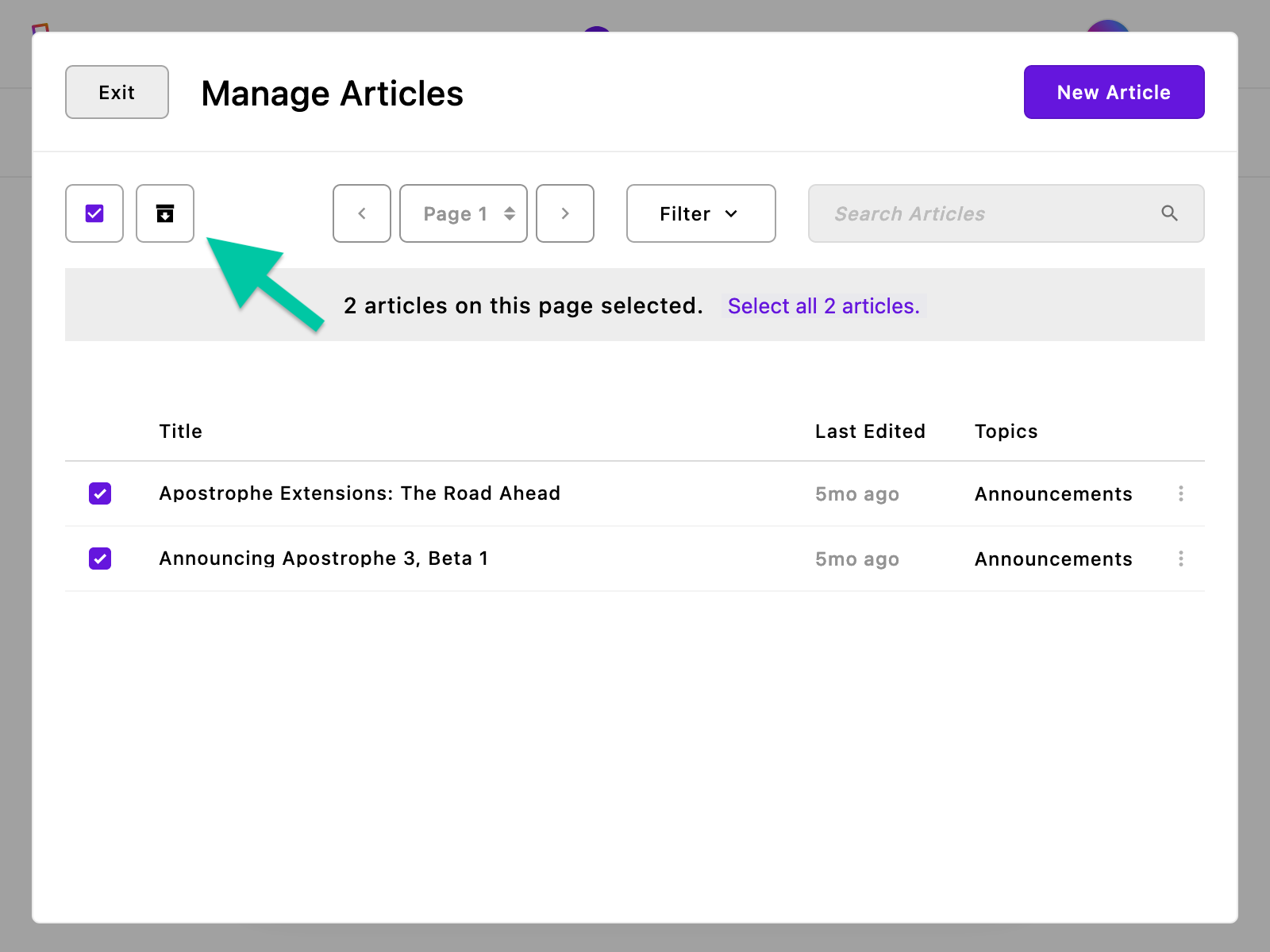 An article piece manager modal with arrow pointing at the archive button at top left