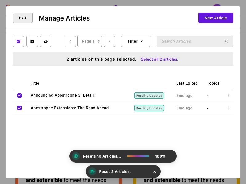The articles manager modal with two notifications indicating that the batch operation completed successfully