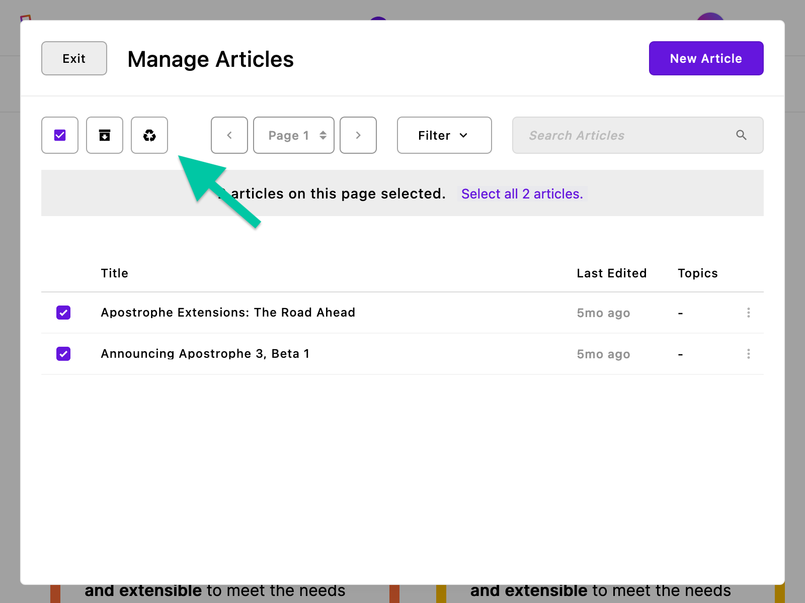 The article piece manager, now with a button using the recycle symbol