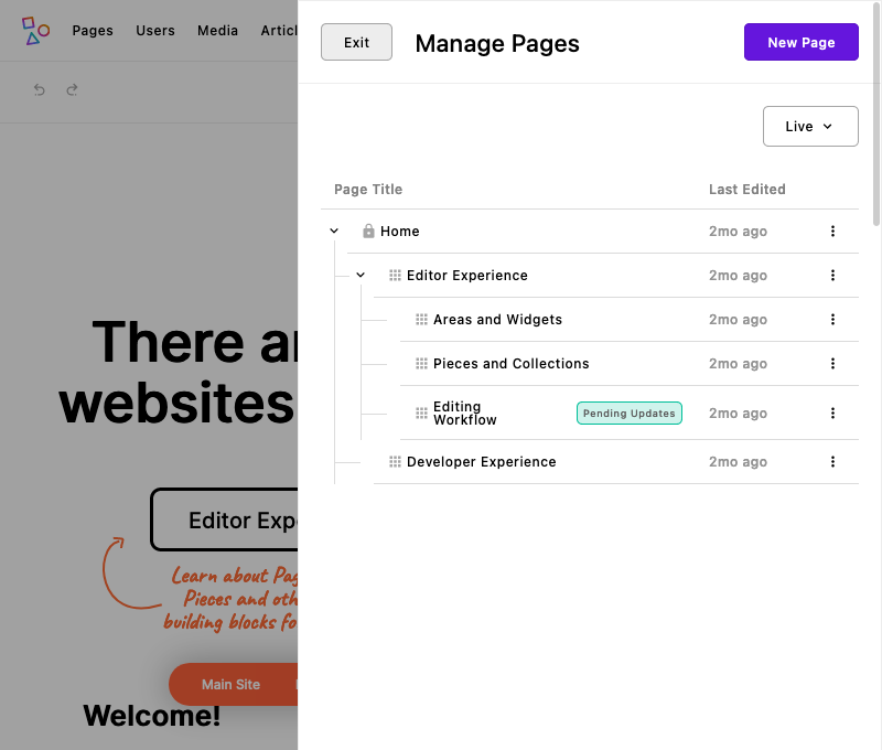 Screenshot of the Apostrophe demo page structure in the page manager UI