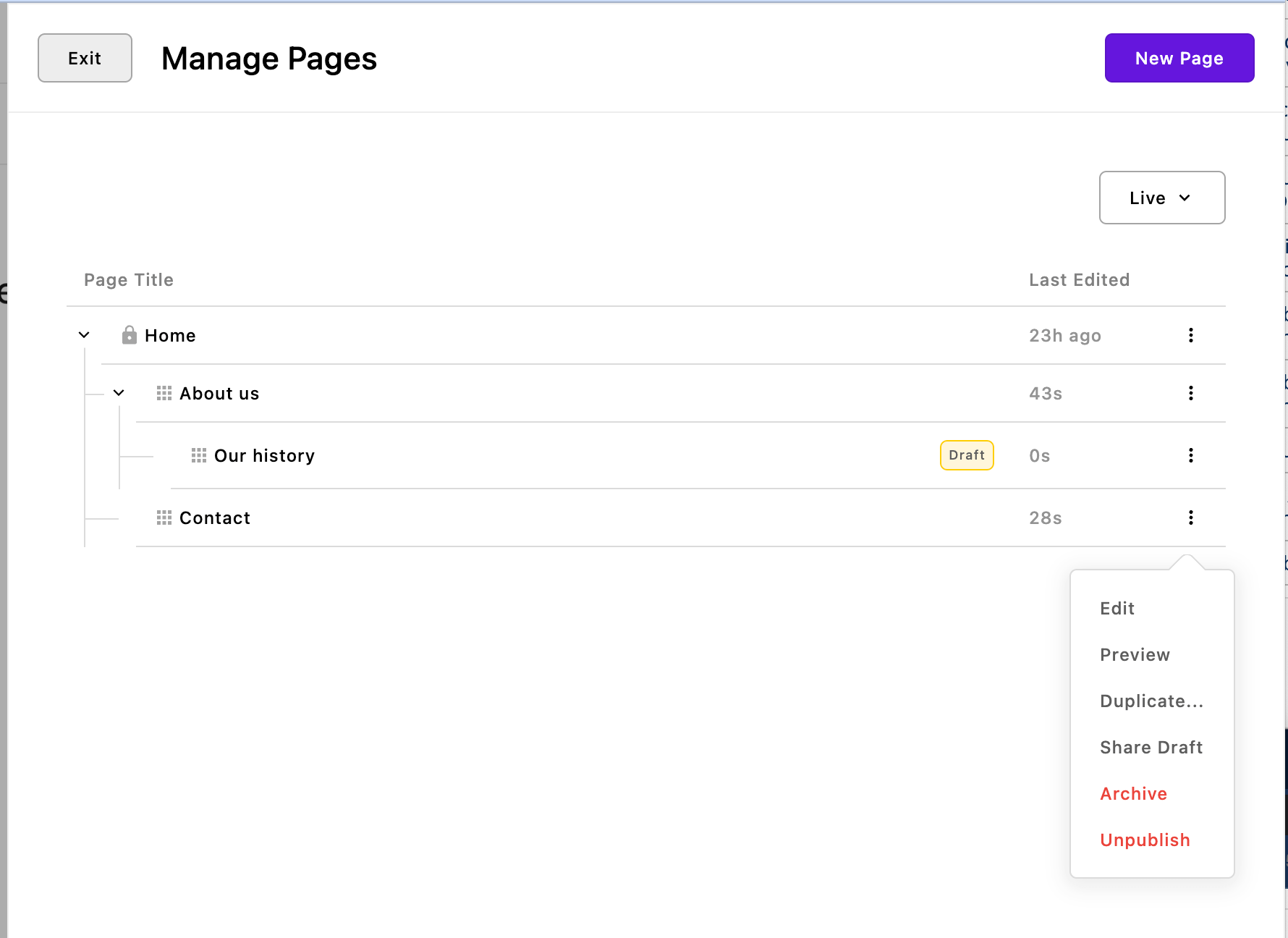 A modal interface with pages organized in order and nested under one another