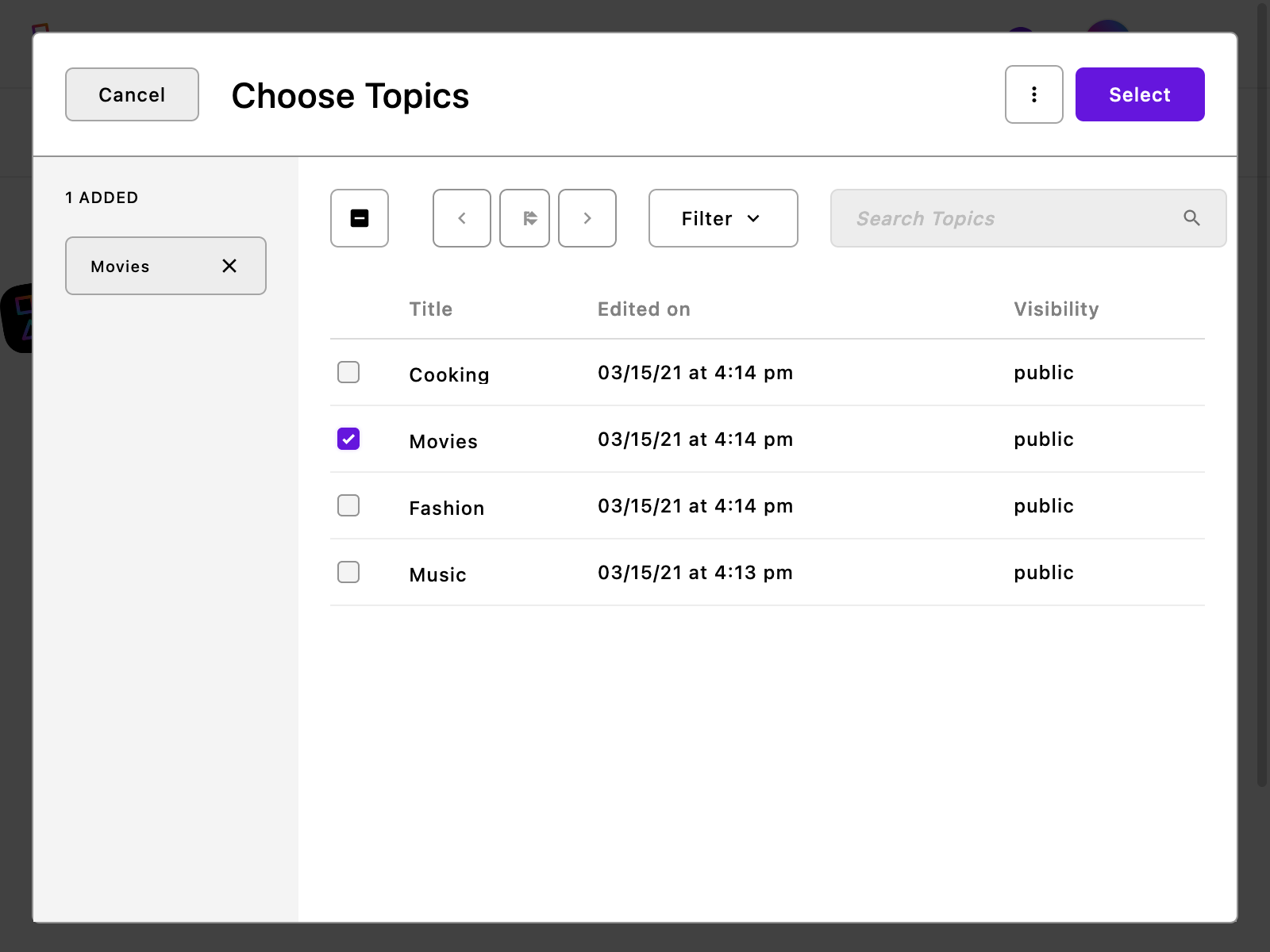 The chooser interface for the topics relationship field