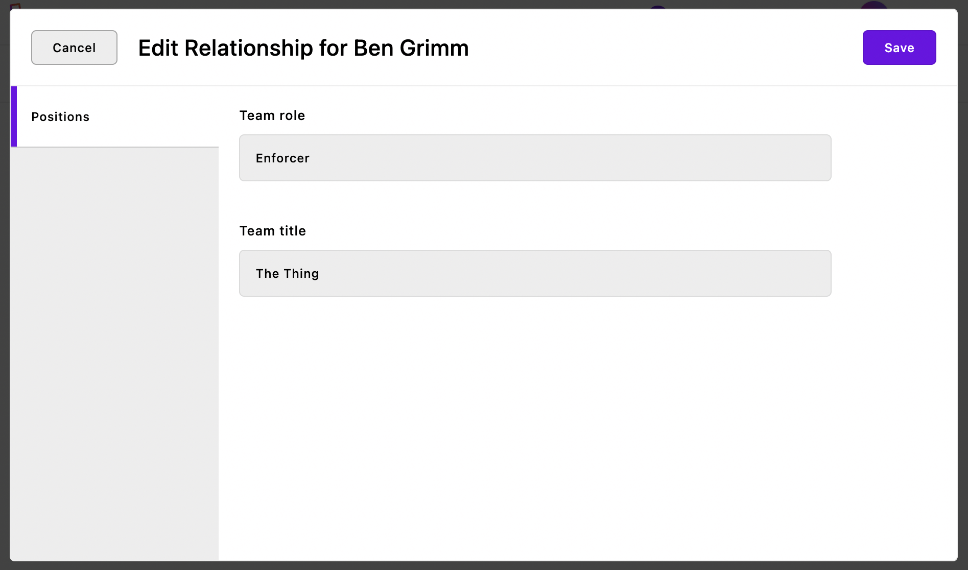 The editor interface for the relationship's "team role" field
