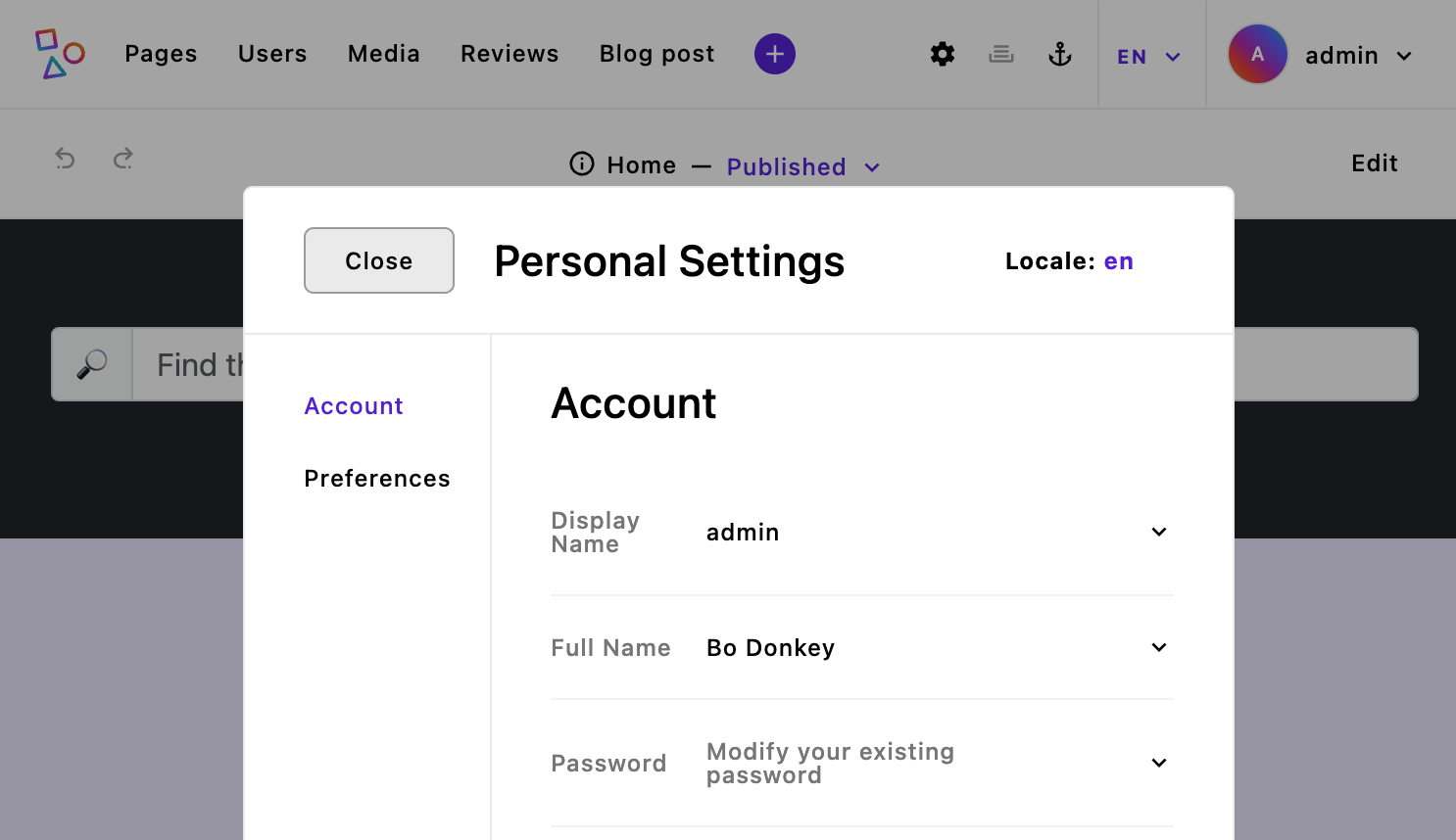 Screenshot of the admin bar with the 'Personal Settings' modal open
