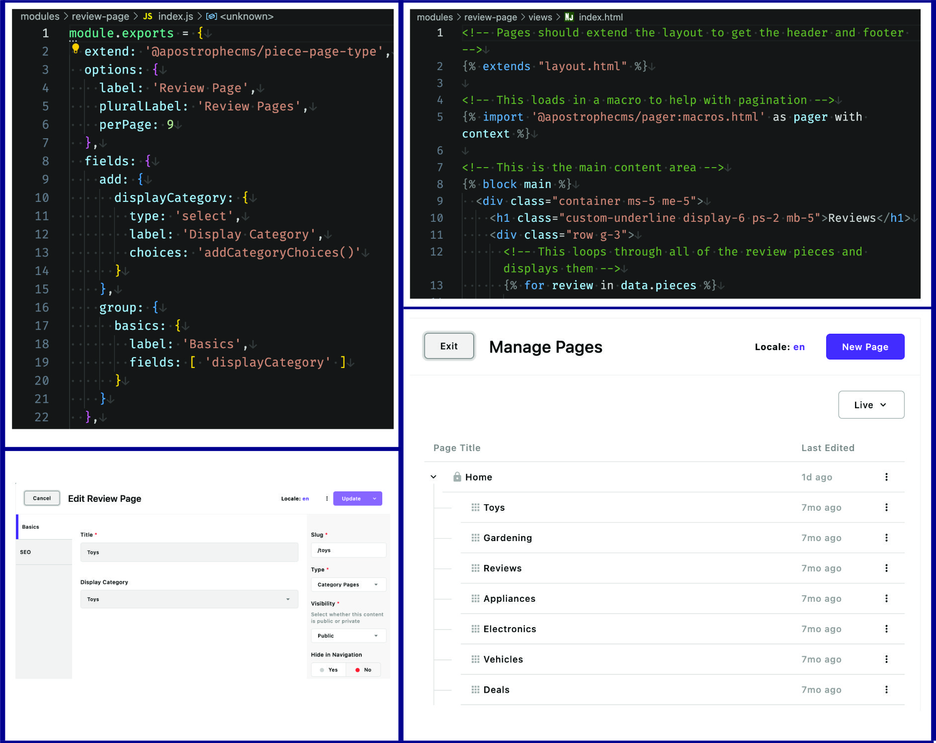 Screenshot of the index.js and view.html code of the home page