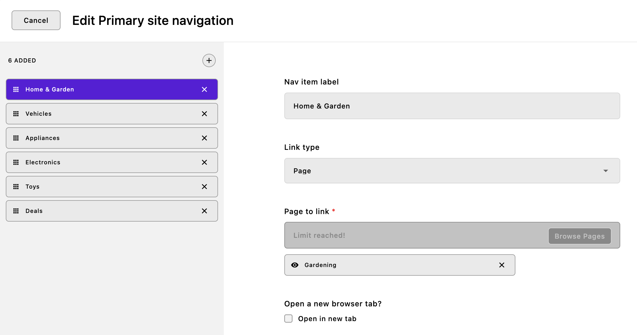 Screenshot of the navigation configuration with a simple array field and six pages added.