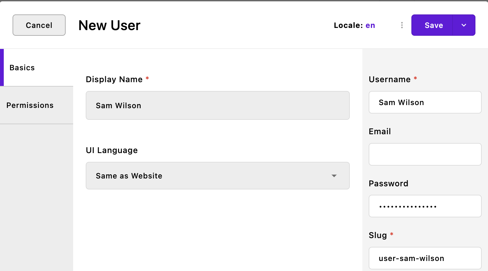 A user editor modal with values filled in for our user, "Sam Wilson"