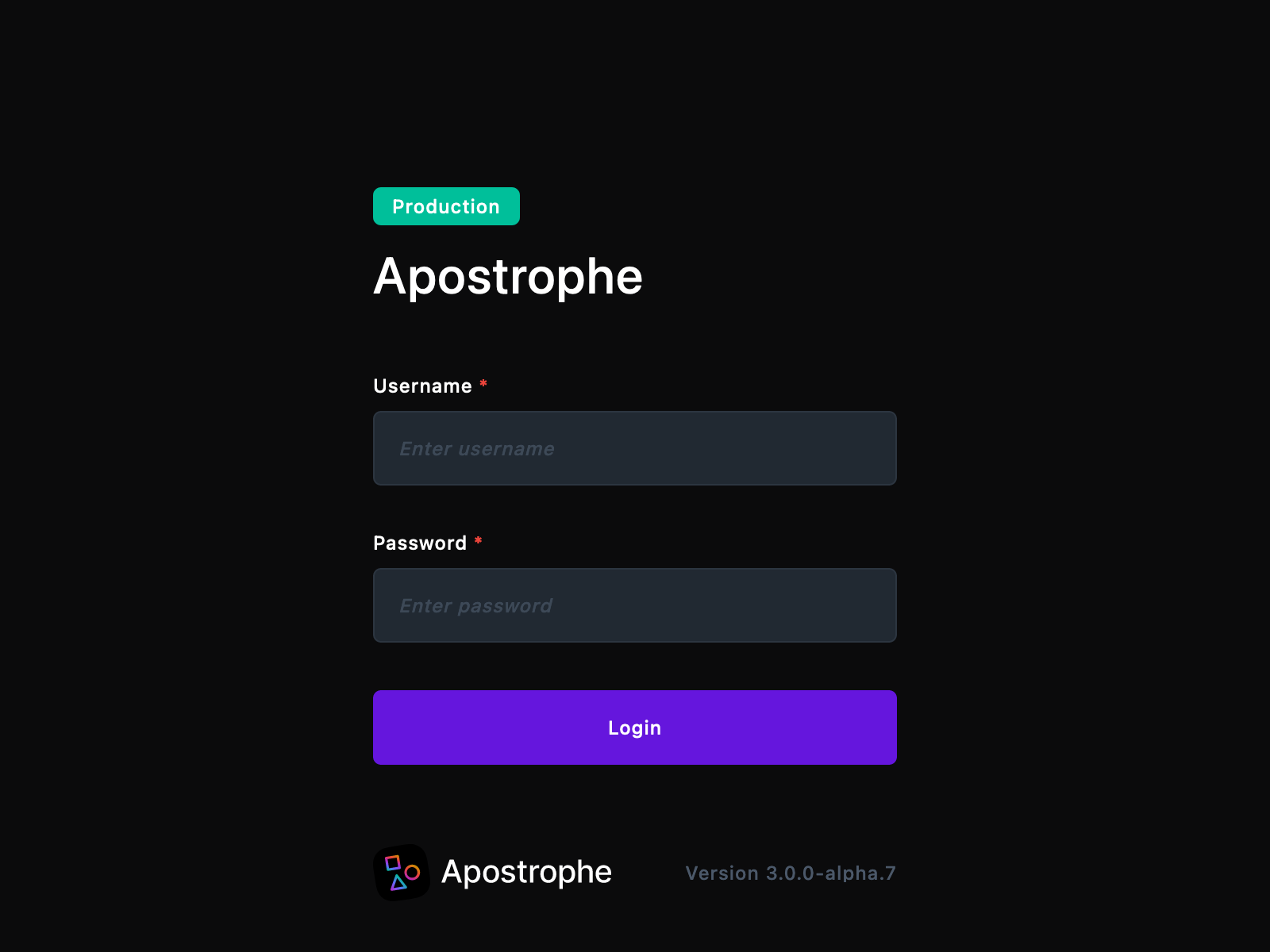 The Apostrophe login page with username and password fields
